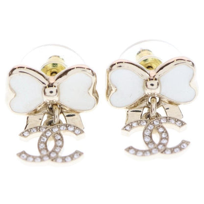 Chanel Coco Mark Rhinestone Ribbon Earrings Gold GP L25p