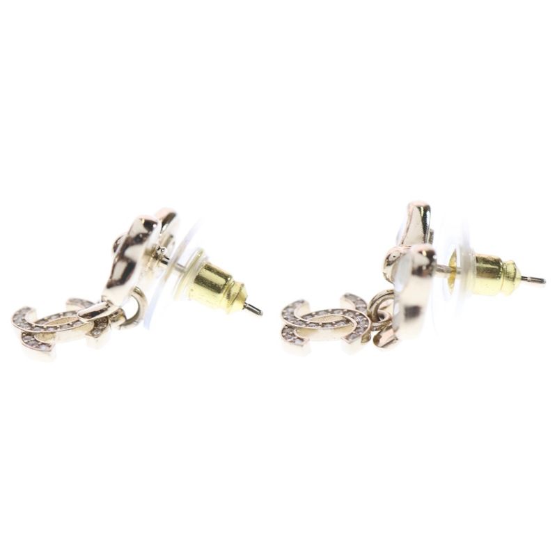 Chanel Coco Mark Rhinestone Ribbon Earrings Gold GP L25p