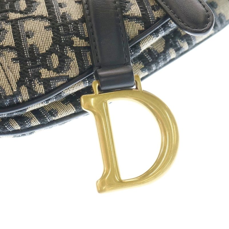 Christian Dior Oblique Saddle Bag Handbag Navy Canvas One Shoulder Bag