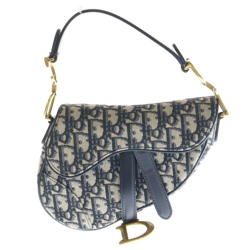Christian Dior Oblique Saddle Bag Handbag Navy Canvas One Shoulder Bag