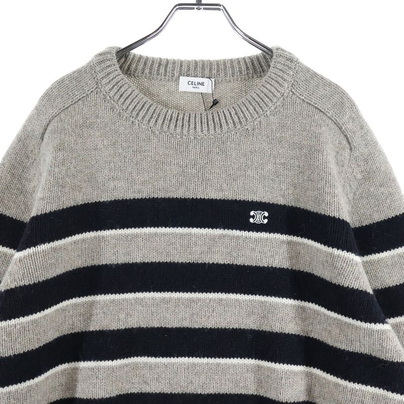 Celine 23aw Triomphe Embroidered Striped Crew Neck Knit Sweater Long Sleeve