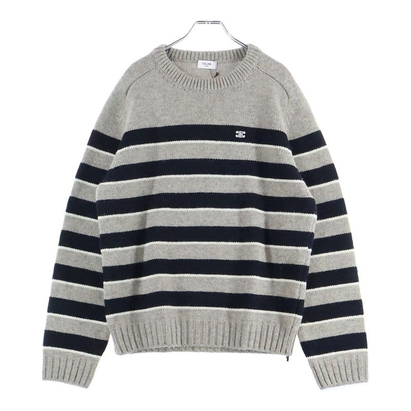 Celine 23aw Triomphe Embroidered Striped Crew Neck Knit Sweater Long Sleeve