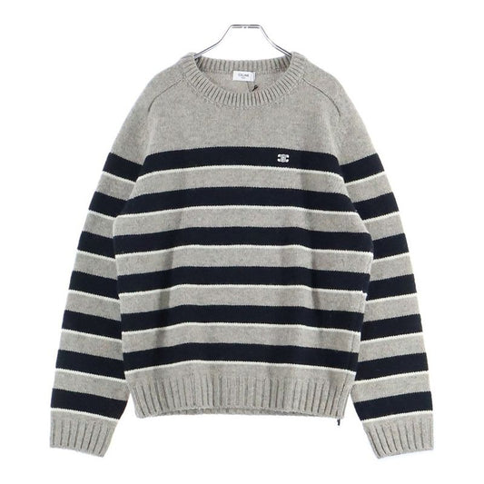 Celine 23aw Triomphe Embroidered Striped Crew Neck Knit Sweater Long Sleeve