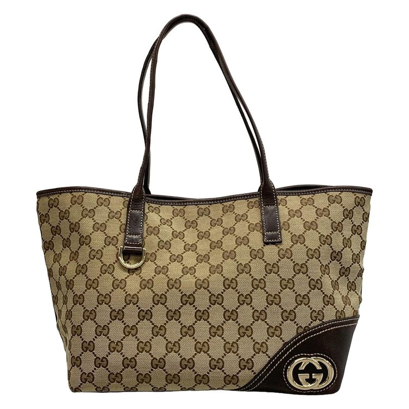 Gucci Tote Bag GG Patternnew Britt 169946 Beige and Dark Brown Leather