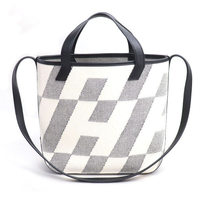 Hermes Toile Ash H Ambier PM 2way Shoulder Bag White Black Ladies Preowned