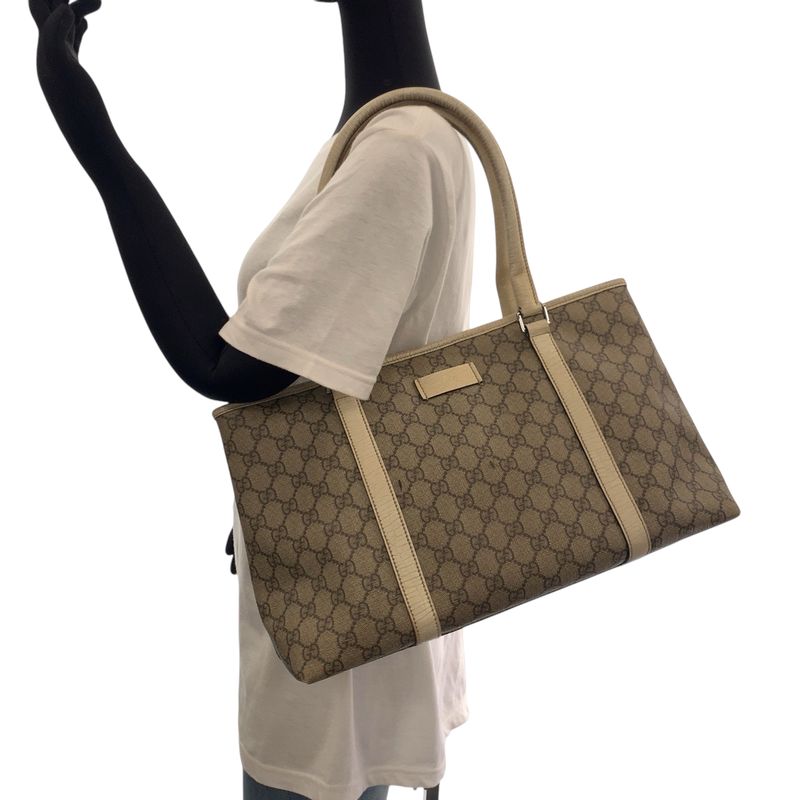 Gucci Beige Ivory Silver Hardware GG Supreme Canvas 114695 Tote Bag Shoulder