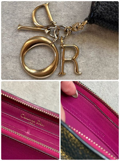Christian Dior Iss Imo Round Zipper Long Wallet Round Zip Logo Charm Black Pink
