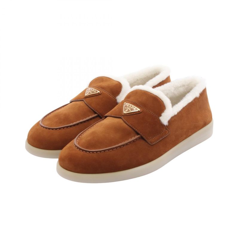 Prada Loafers Triangle Logo Mouton Suede Shearling Loafers Women's Unused
