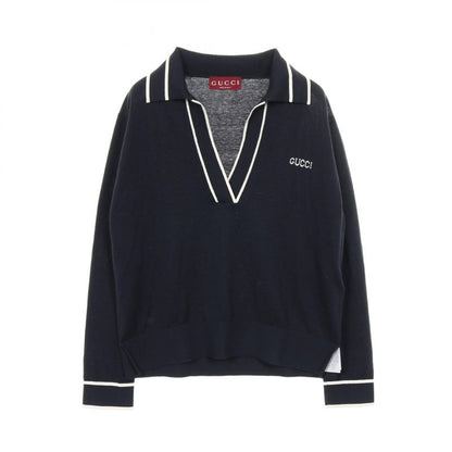 Gucci Polo Shirt Navy Silk Cotton Knit Women's Used a