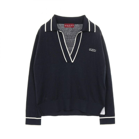 Gucci Polo Shirt Navy Silk Cotton Knit Women's Used a