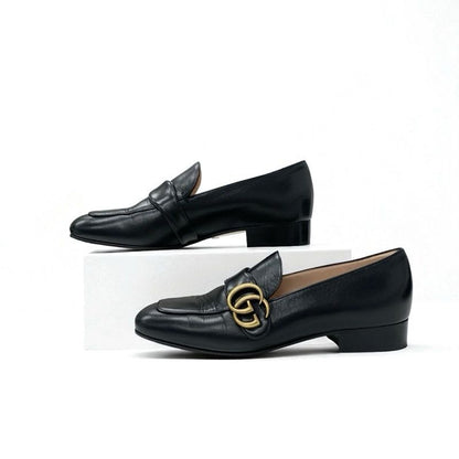 Gucci Loafer Leather Shoes Black Gold Double G GG Marmont