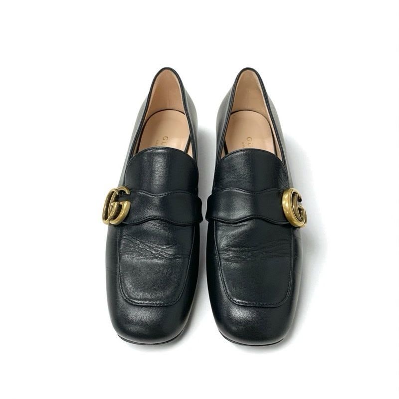 Gucci Loafer Leather Shoes Black Gold Double G GG Marmont