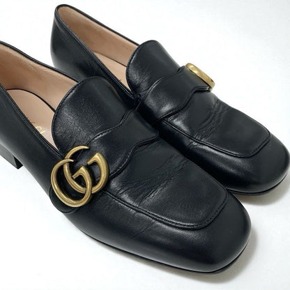 Gucci Loafer Leather Shoes Black Gold Double G GG Marmont