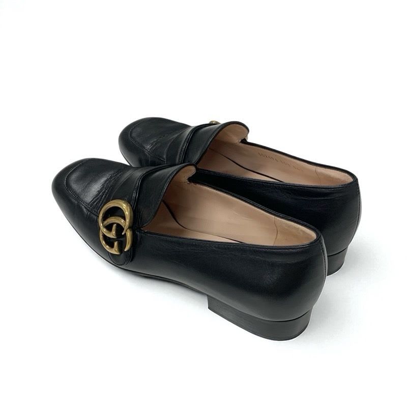 Gucci Loafer Leather Shoes Black Gold Double G GG Marmont