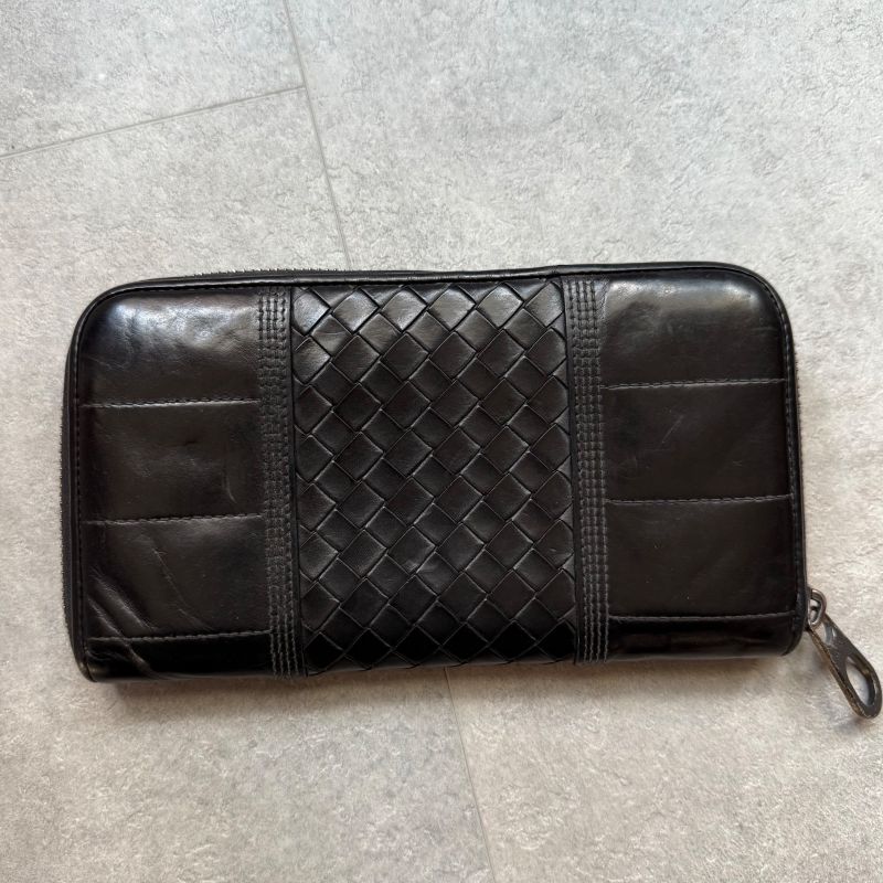 Bottega Veneta Round Zipper Long Wallet Black Intrecciato Stitching Leather