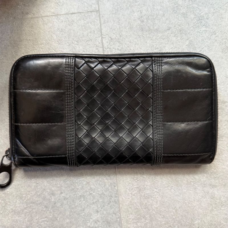 Bottega Veneta Round Zipper Long Wallet Black Intrecciato Stitching Leather
