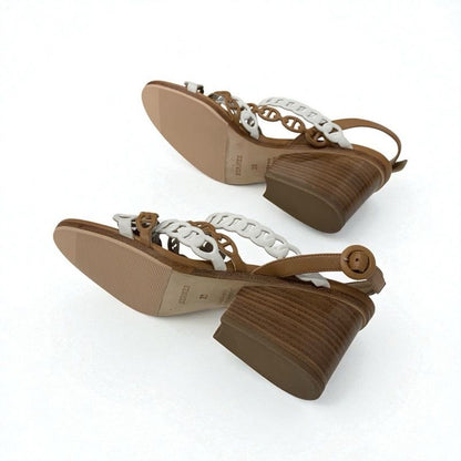 Hermes Romanza Sandals Shoes Leather Brown White Chaine D'ancre Strap