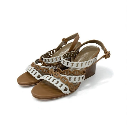 Hermes Romanza Sandals Shoes Leather Brown White Chaine D'ancre Strap