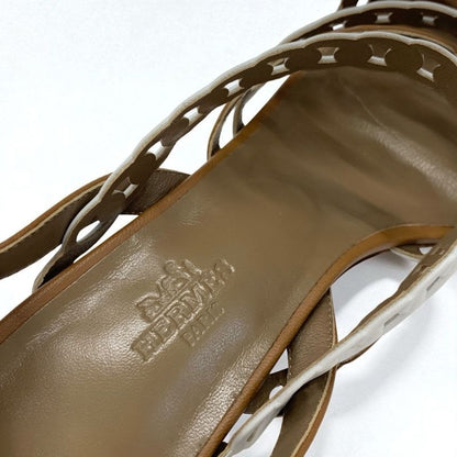 Hermes Romanza Sandals Shoes Leather Brown White Chaine D'ancre Strap