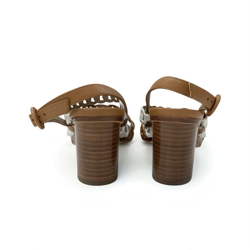 Hermes Romanza Sandals Shoes Leather Brown White Chaine D'ancre Strap