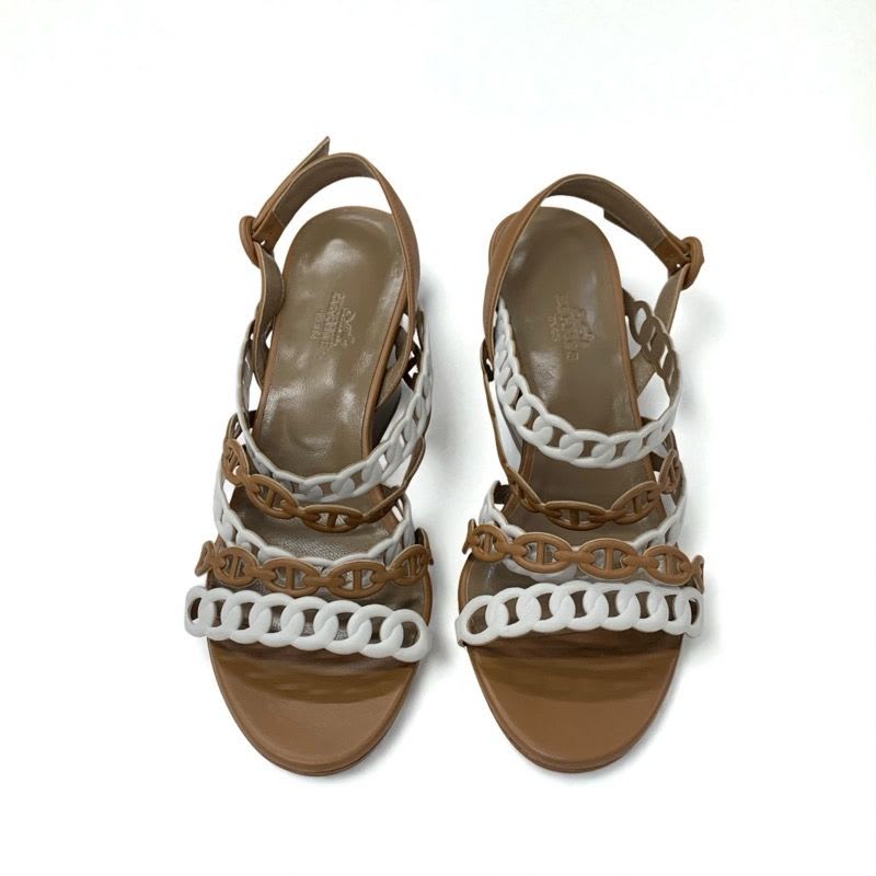Hermes Romanza Sandals Shoes Leather Brown White Chaine D'ancre Strap