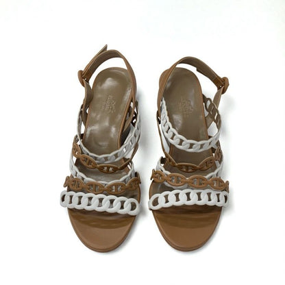 Hermes Romanza Sandals Shoes Leather Brown White Chaine D'ancre Strap