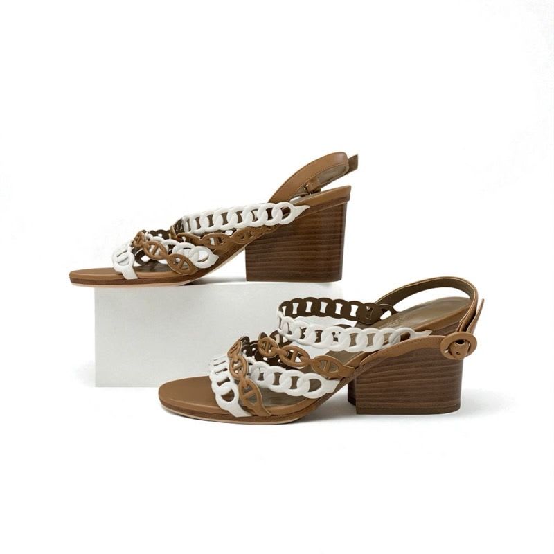 Hermes Romanza Sandals Shoes Leather Brown White Chaine D'ancre Strap