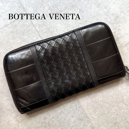 Bottega Veneta Round Zipper Long Wallet Black Intrecciato Stitching Leather