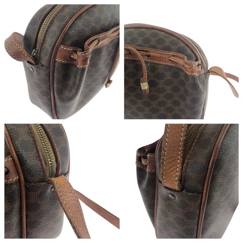 Celine Vintage Macadam Brown Gold Hardware PVC Shoulder Bag Pochette Women