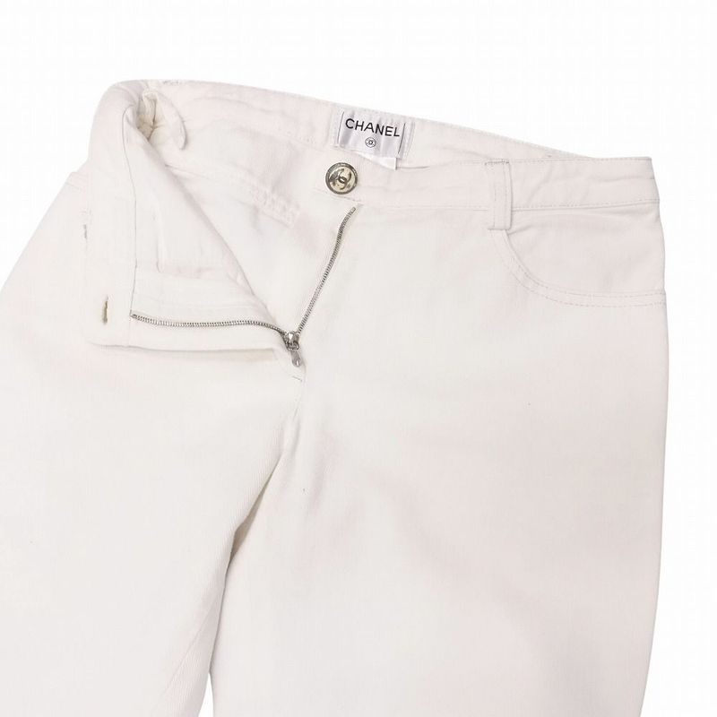 00s Chanel White Denim Pants Jeans Coco Mark Button Lame Stitching 34 XS White