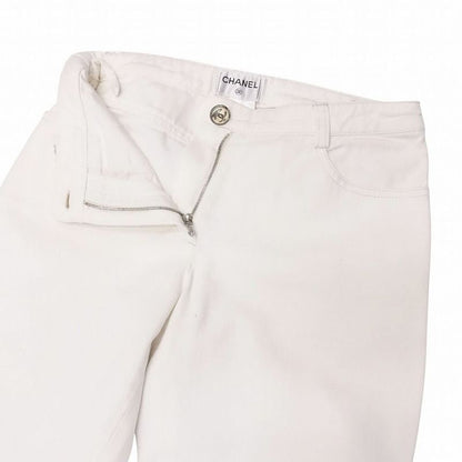 00s Chanel White Denim Pants Jeans Coco Mark Button Lame Stitching 34 XS White