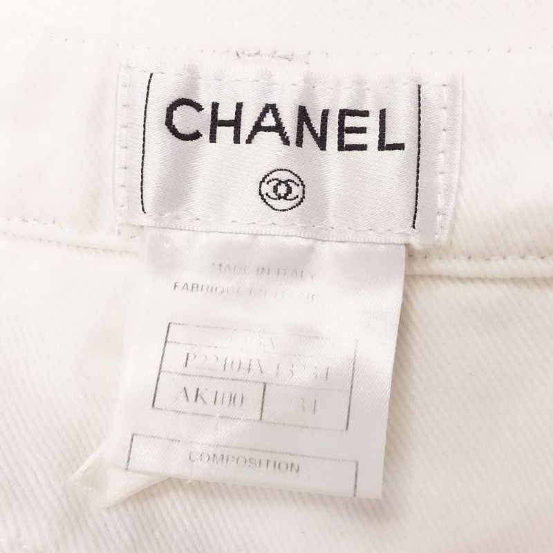 00s Chanel White Denim Pants Jeans Coco Mark Button Lame Stitching 34 XS White