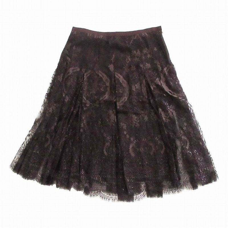 Hermes Lace Embroidery H Logo Flared Skirt Tok030 Brown Size M Women's