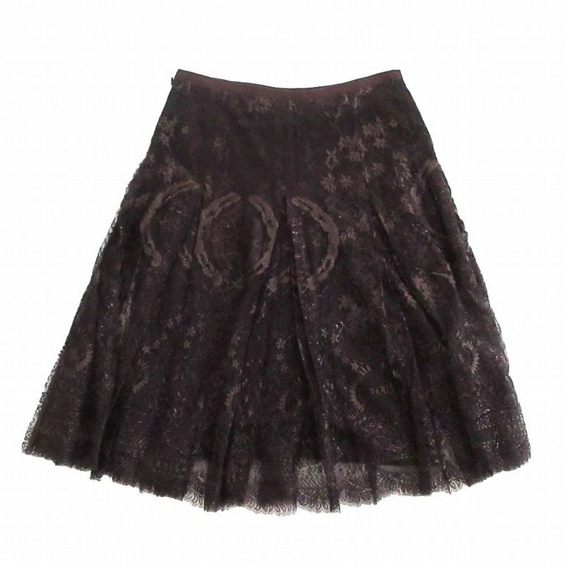 Hermes Lace Embroidery H Logo Flared Skirt Tok030 Brown Size M Women's