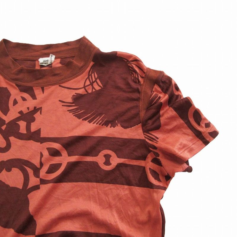 Hermes T-Shirt Cut and Sewn Short Sleeves Silk Mock Neck All Over Pattern