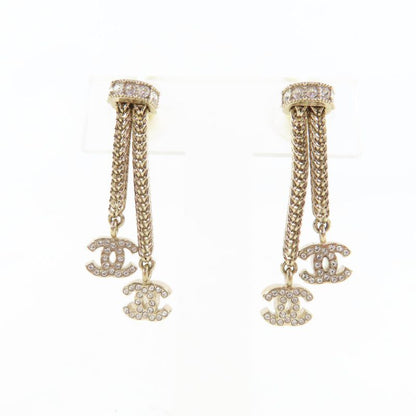 Chanel B24k Coco Mark Crystal 2-Ring Earrings Accessory Gold with Box Made in