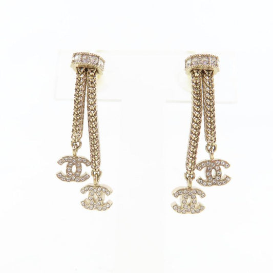 Chanel B24k Coco Mark Crystal 2-Ring Earrings Accessory Gold with Box Made in