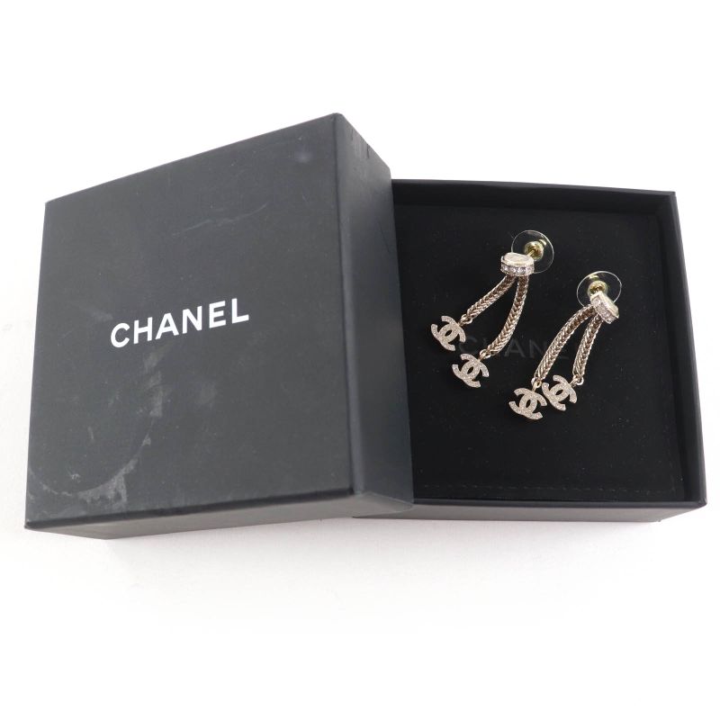 Chanel B24k Coco Mark Crystal 2-Ring Earrings Accessory Gold with Box Made in