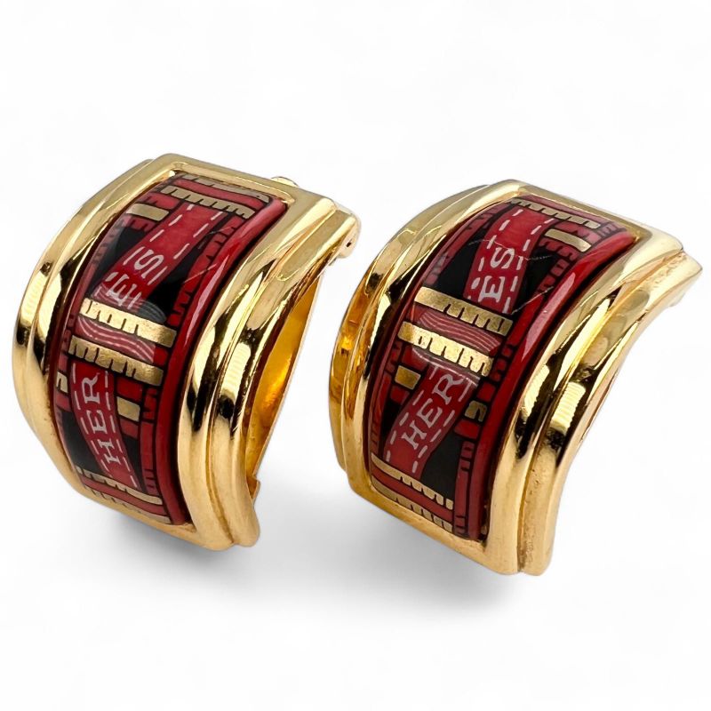 Hermes Vintage Emailles Cloisonne Logo Ribbon Pattern Binaural Clip on Earrings