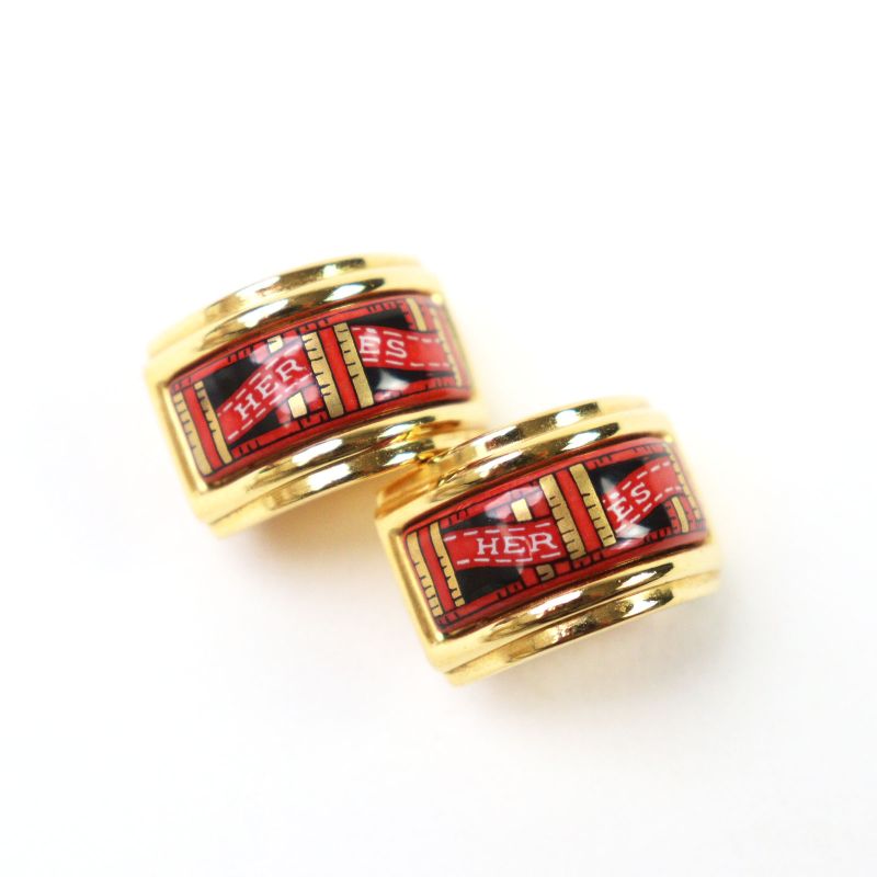 Hermes Vintage Emailles Cloisonne Logo Ribbon Pattern Binaural Clip on Earrings