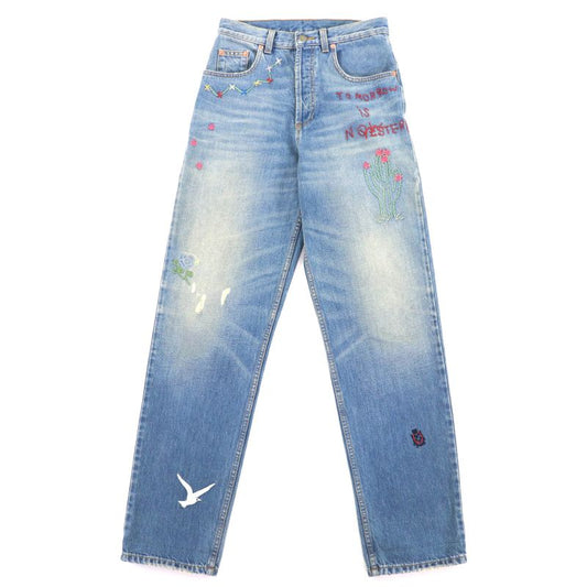 Gucci 502775 100% Cotton Embroidery Leather Denim Pants with Logo Patch Indigo