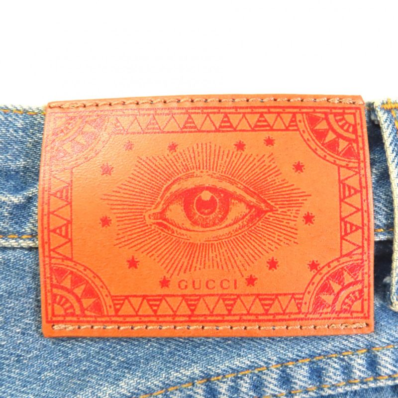 Gucci 502775 100% Cotton Embroidery Leather Denim Pants with Logo Patch Indigo