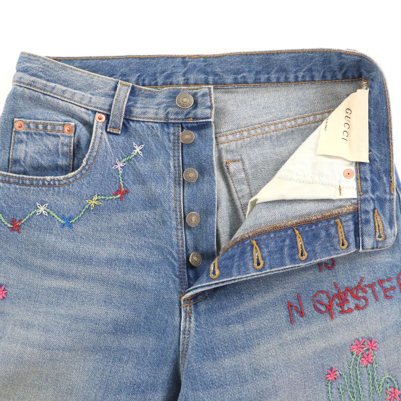 Gucci 502775 100% Cotton Embroidery Leather Denim Pants with Logo Patch Indigo