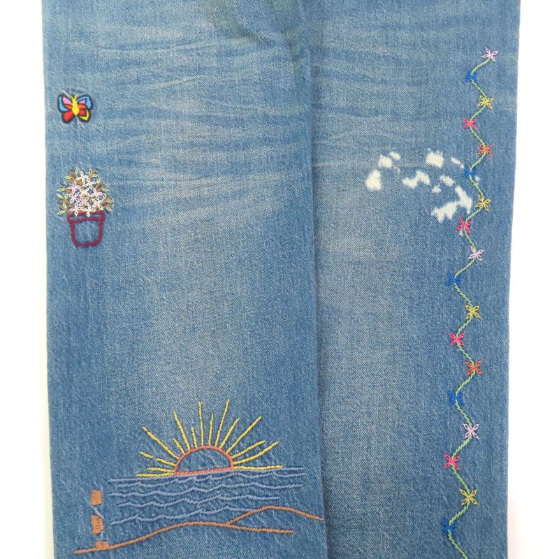 Gucci 502775 100% Cotton Embroidery Leather Denim Pants with Logo Patch Indigo