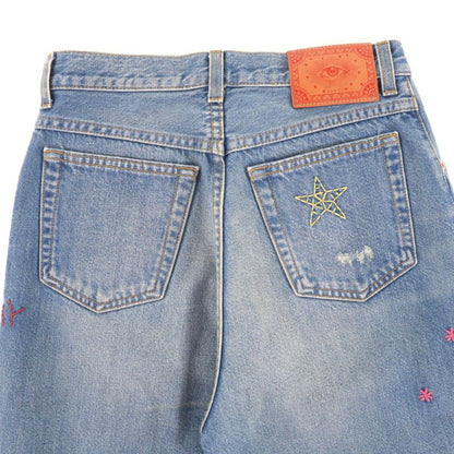 Gucci 502775 100% Cotton Embroidery Leather Denim Pants with Logo Patch Indigo