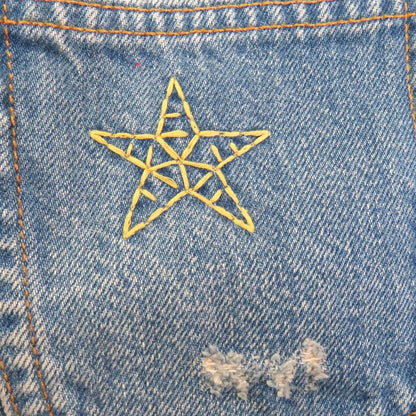 Gucci 502775 100% Cotton Embroidery Leather Denim Pants with Logo Patch Indigo