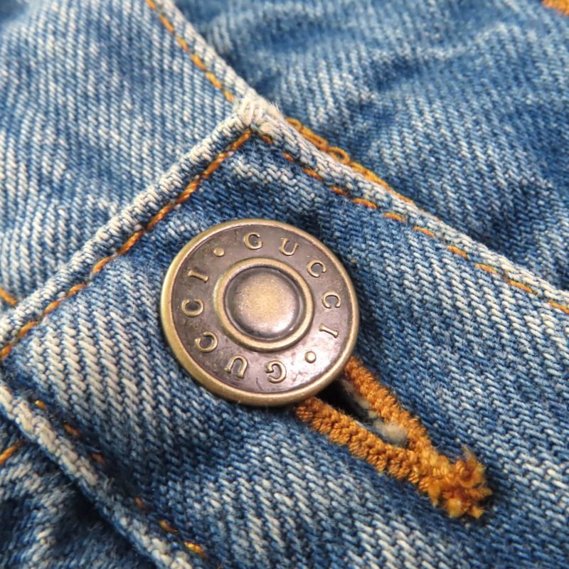 Gucci 502775 100% Cotton Embroidery Leather Denim Pants with Logo Patch Indigo