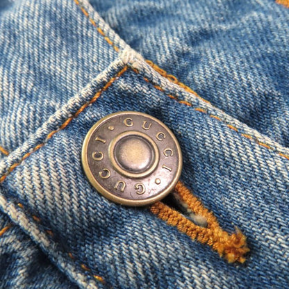 Gucci 502775 100% Cotton Embroidery Leather Denim Pants with Logo Patch Indigo