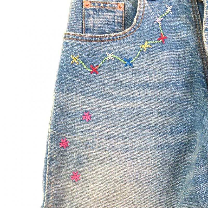 Gucci 502775 100% Cotton Embroidery Leather Denim Pants with Logo Patch Indigo