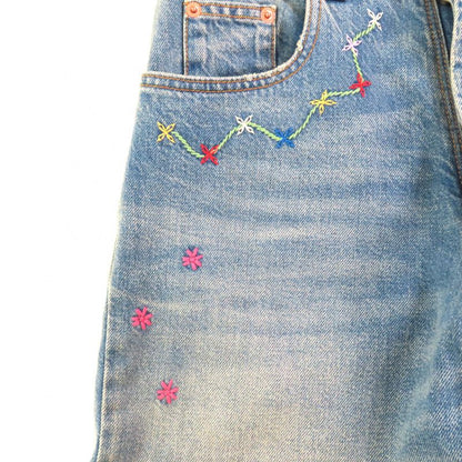 Gucci 502775 100% Cotton Embroidery Leather Denim Pants with Logo Patch Indigo